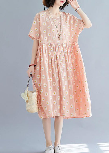 French pink Daisy print outfit o neck daily summer Dresses - SooLinen