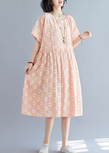 French pink Daisy print outfit o neck daily summer Dresses - SooLinen