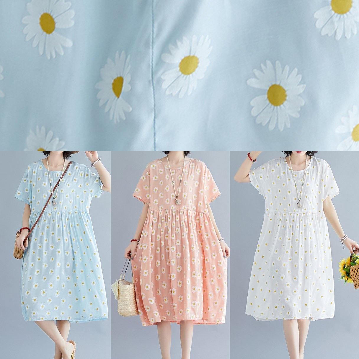 French pink Daisy print outfit o neck daily summer Dresses - SooLinen
