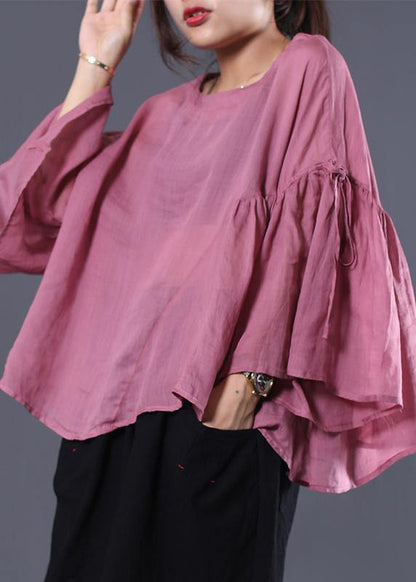 French pink linen tunic top ruffles sleeve daily summer tops - SooLinen