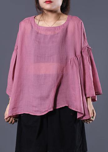 French pink linen tunic top ruffles sleeve daily summer tops - SooLinen