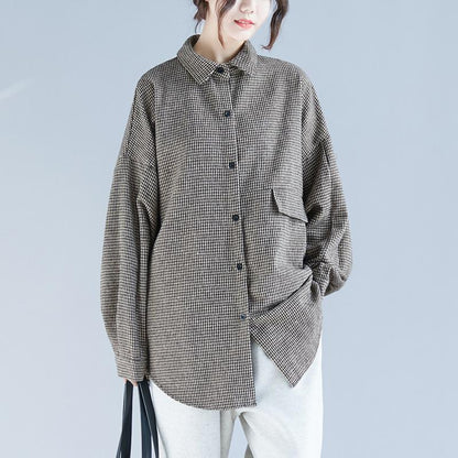 Französische karierte Baumwoll-Tunika, lässige Arbeitskleider mit Reverskragen, Frühlingsoberteile