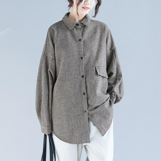 Französische karierte Baumwoll-Tunika, lässige Arbeitskleider mit Reverskragen, Frühlingsoberteile