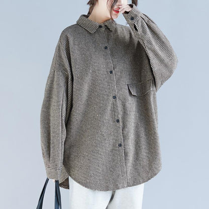 Französische karierte Baumwoll-Tunika, lässige Arbeitskleider mit Reverskragen, Frühlingsoberteile