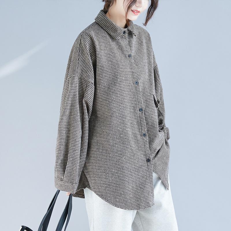 Französische karierte Baumwoll-Tunika, lässige Arbeitskleider mit Reverskragen, Frühlingsoberteile