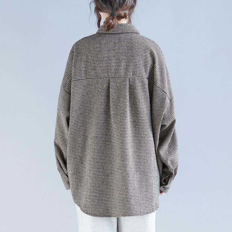 Französische karierte Baumwoll-Tunika, lässige Arbeitskleider mit Reverskragen, Frühlingsoberteile