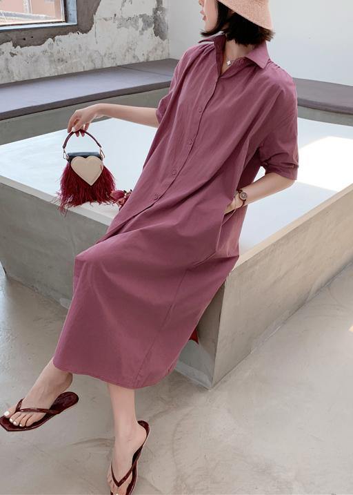 French purple cotton dresses lapel collar Maxi summer Dresses - SooLinen