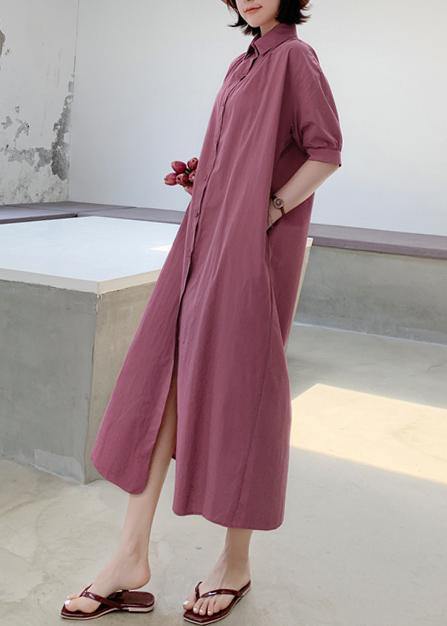French purple cotton dresses lapel collar Maxi summer Dresses - SooLinen
