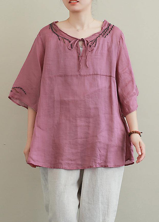 French purple embroidery linen Blouse o neck Midi shirts - SooLinen