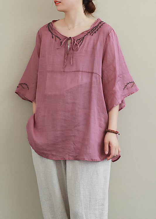 French purple embroidery linen Blouse o neck Midi shirts - SooLinen