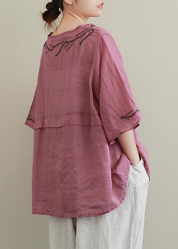 French purple embroidery linen Blouse o neck Midi shirts - SooLinen