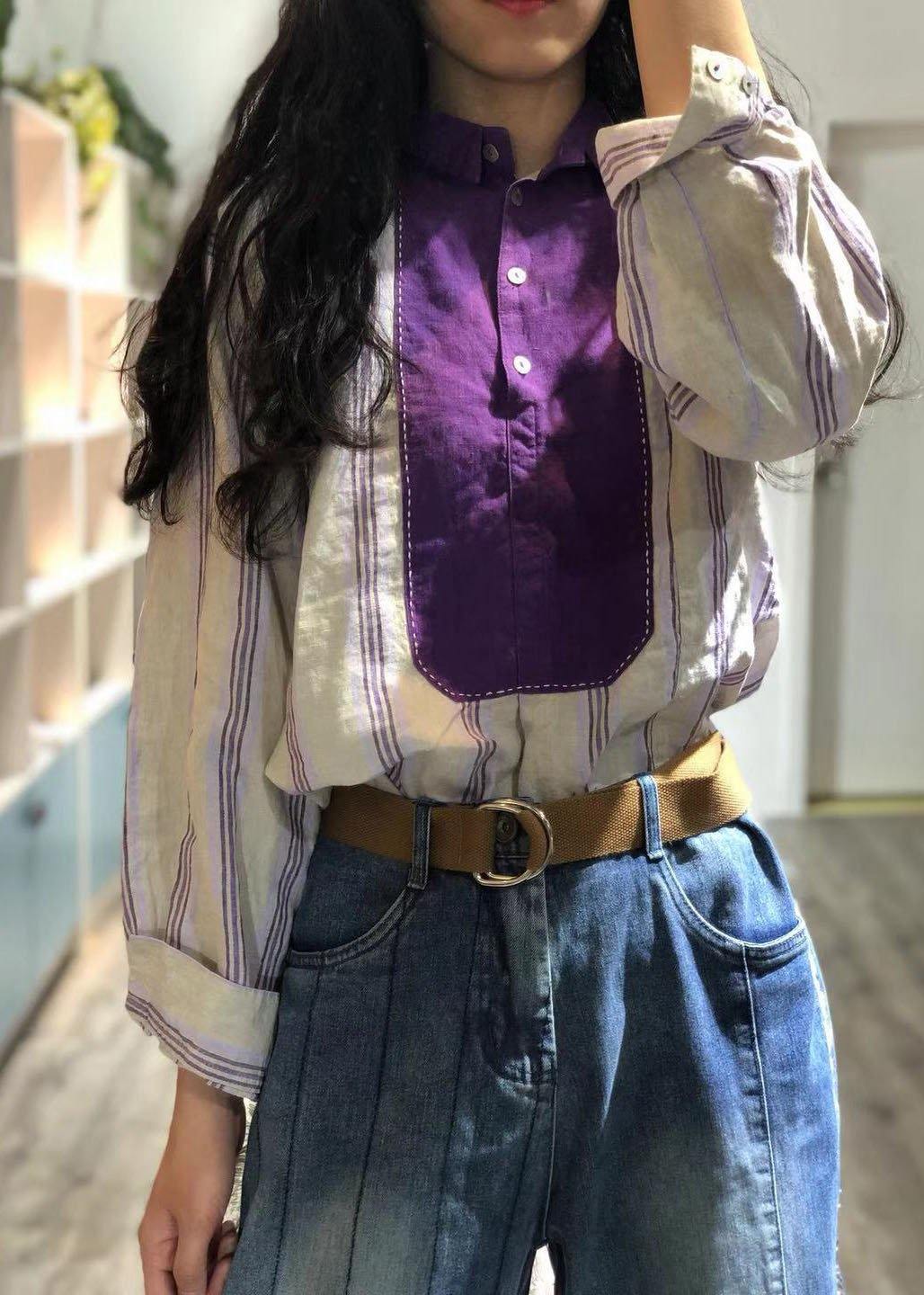 French purple striped linen tunics for women patchwork loose fall tops - SooLinen