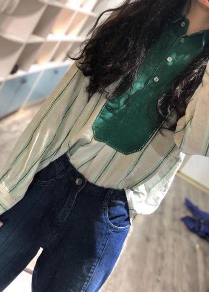 French purple striped linen tunics for women patchwork loose fall tops - SooLinen