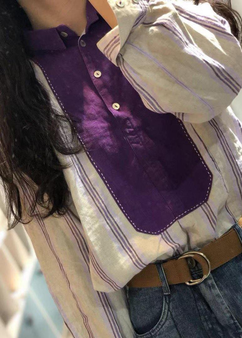 French purple striped linen tunics for women patchwork loose fall tops - SooLinen