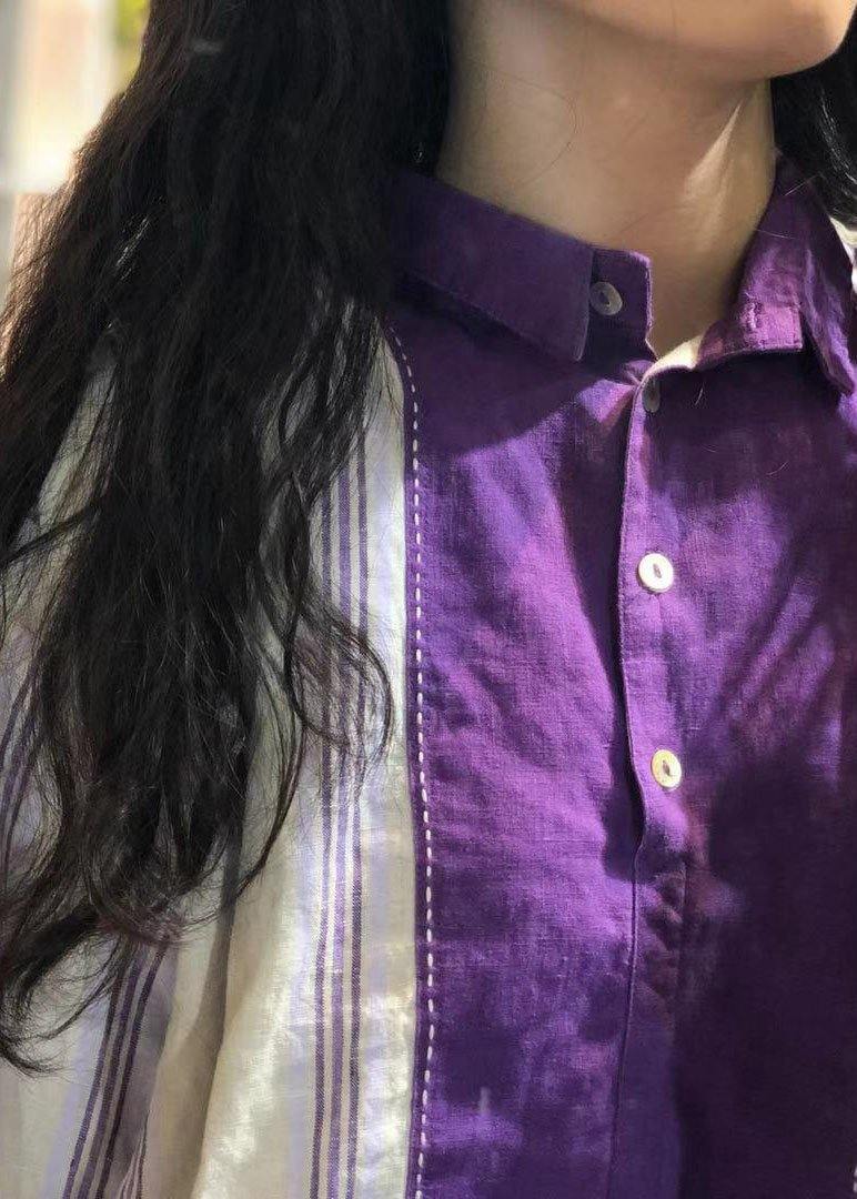 French purple striped linen tunics for women patchwork loose fall tops - SooLinen