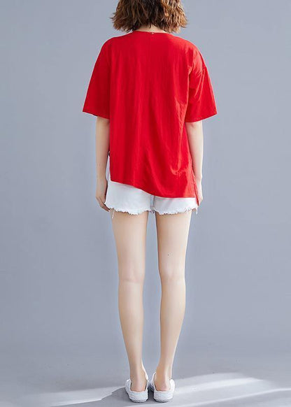 French red cotton o neck zippered Dresses summer shirts - SooLinen