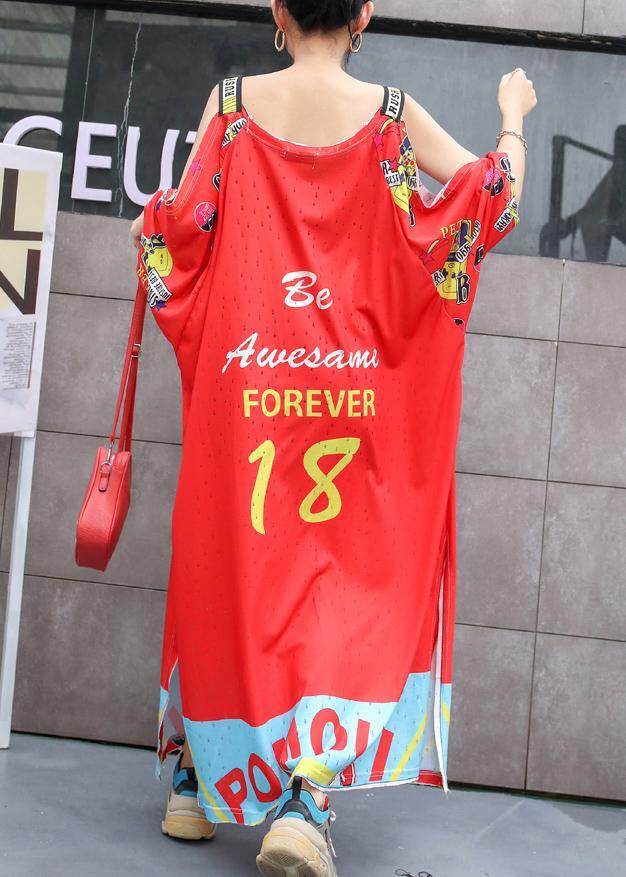 French red off the shoulder Cotton clothes side open  oversized summer Dresses - SooLinen