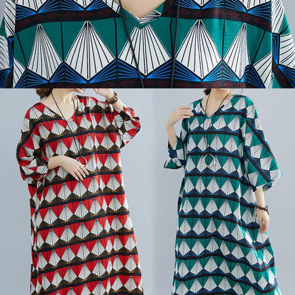 French red prints cotton tunic pattern Mom Photography v neck Traveling summer Dresses - SooLinen