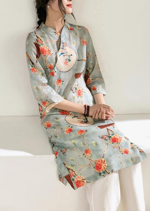 French side Chinese Button linen stand collar clothes Runway light blue Dresses - SooLinen