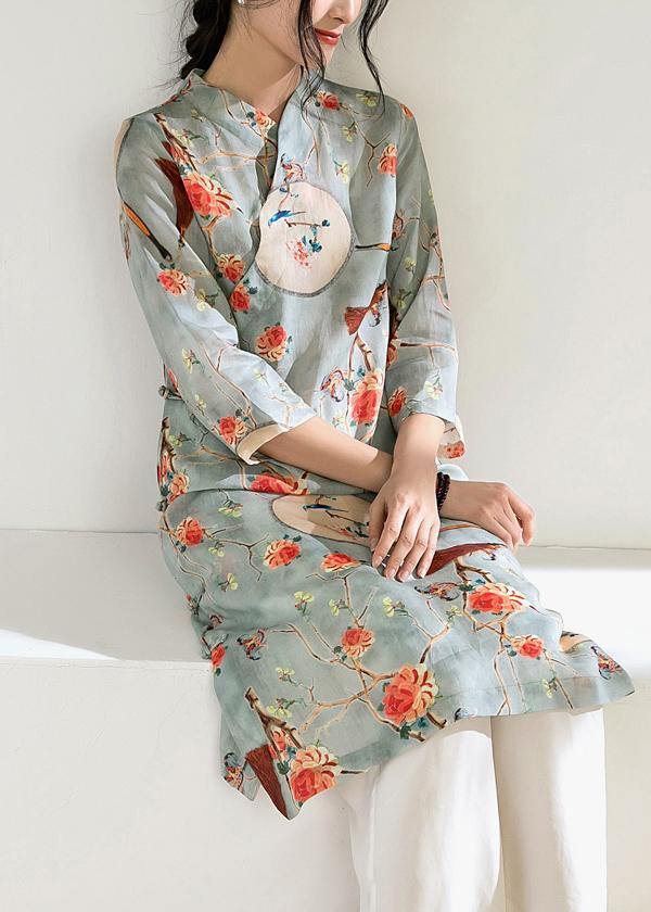 French side Chinese Button linen stand collar clothes Runway light blue Dresses - SooLinen