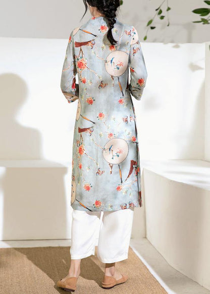 French side Chinese Button linen stand collar clothes Runway light blue Dresses - SooLinen