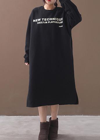 French side open cotton alphabet prints clothes Women Catwalk black winter cotton Dresses - SooLinen
