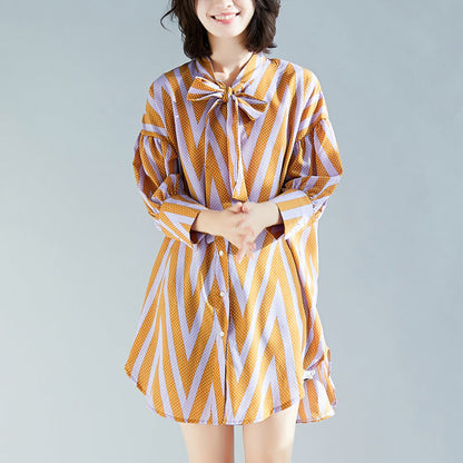 Französische Seite offene Baumwolltop Silhouette Bio-Fotografie gelb gestreift Knie Bluse langarm