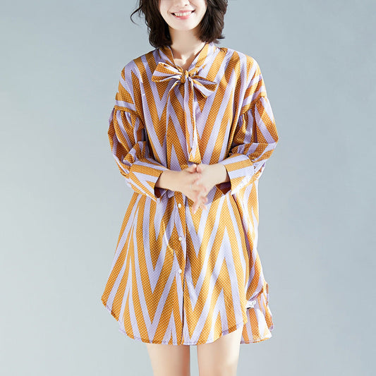 Französische Seite offene Baumwolltop Silhouette Bio-Fotografie gelb gestreift Knie Bluse langarm