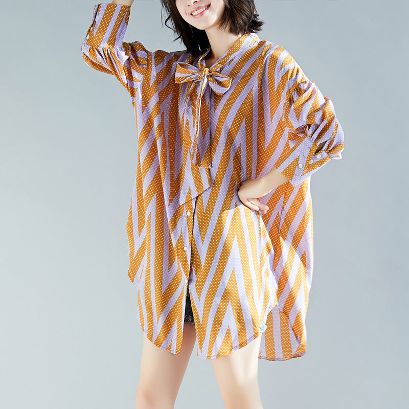 Französische Seite offene Baumwolltop Silhouette Bio-Fotografie gelb gestreift Knie Bluse langarm