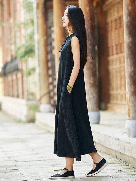 French stand collar Chinese Button cotton linen summer dress Neckline black Dress - SooLinen