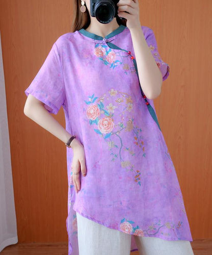 French stand collar asymmetric tops women Work Outfits purple print tops - SooLinen