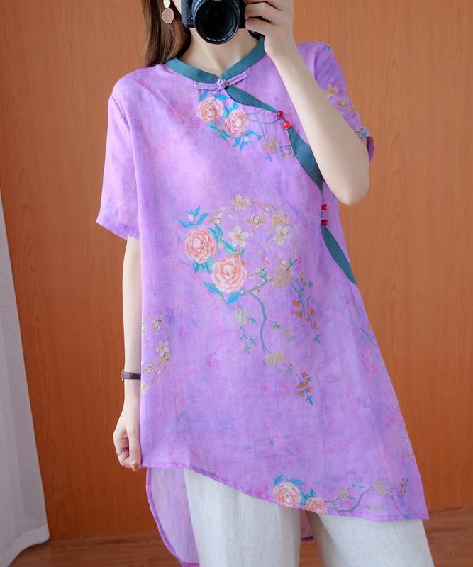 French stand collar asymmetric tops women Work Outfits purple print tops - SooLinen