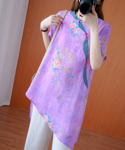 French stand collar asymmetric tops women Work Outfits purple print tops - SooLinen
