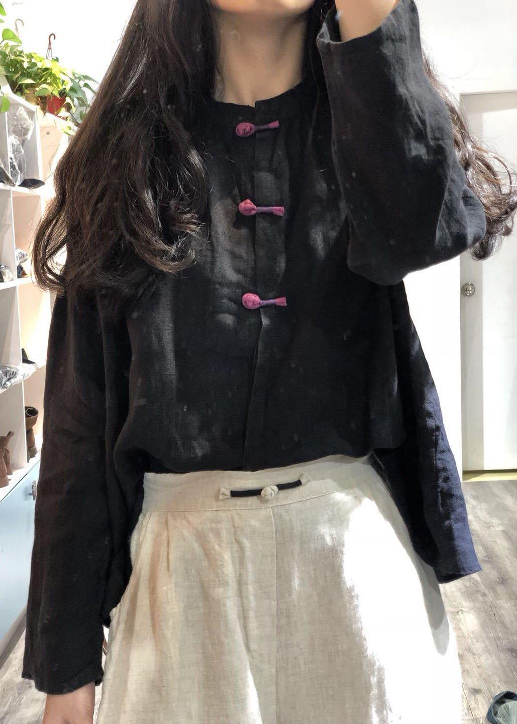 French stand collar linen tunic pattern Sewing black Batwing Sleeve blouses fall - SooLinen