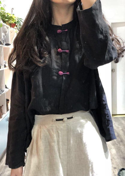 French stand collar linen tunic pattern Sewing black Batwing Sleeve blouses fall - SooLinen