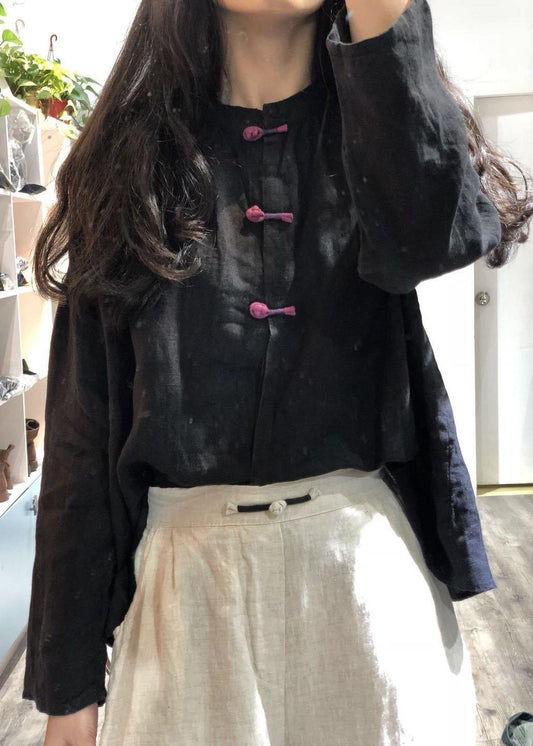 French stand collar linen tunic pattern Sewing black Batwing Sleeve blouses fall - SooLinen
