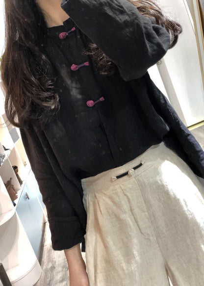 French stand collar linen tunic pattern Sewing black Batwing Sleeve blouses fall - SooLinen