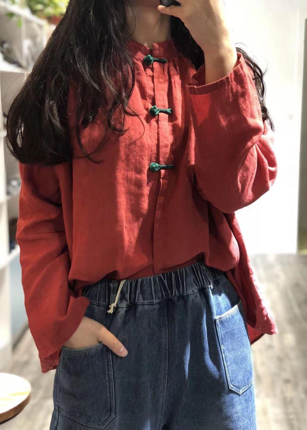 French stand collar linen tunic pattern Sewing black Batwing Sleeve blouses fall - SooLinen