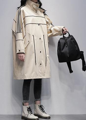 French stand collar zippered  outwear khaki silhouette coats - SooLinen