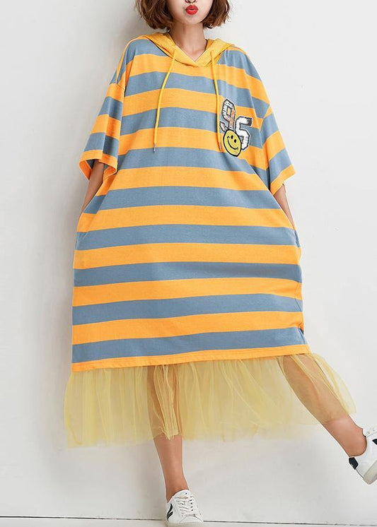 French striped Cotton outfit patchwork tulle baggy summer Dress - SooLinen