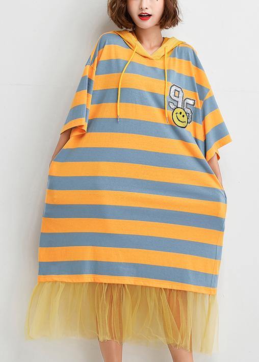 French striped Cotton outfit patchwork tulle baggy summer Dress - SooLinen