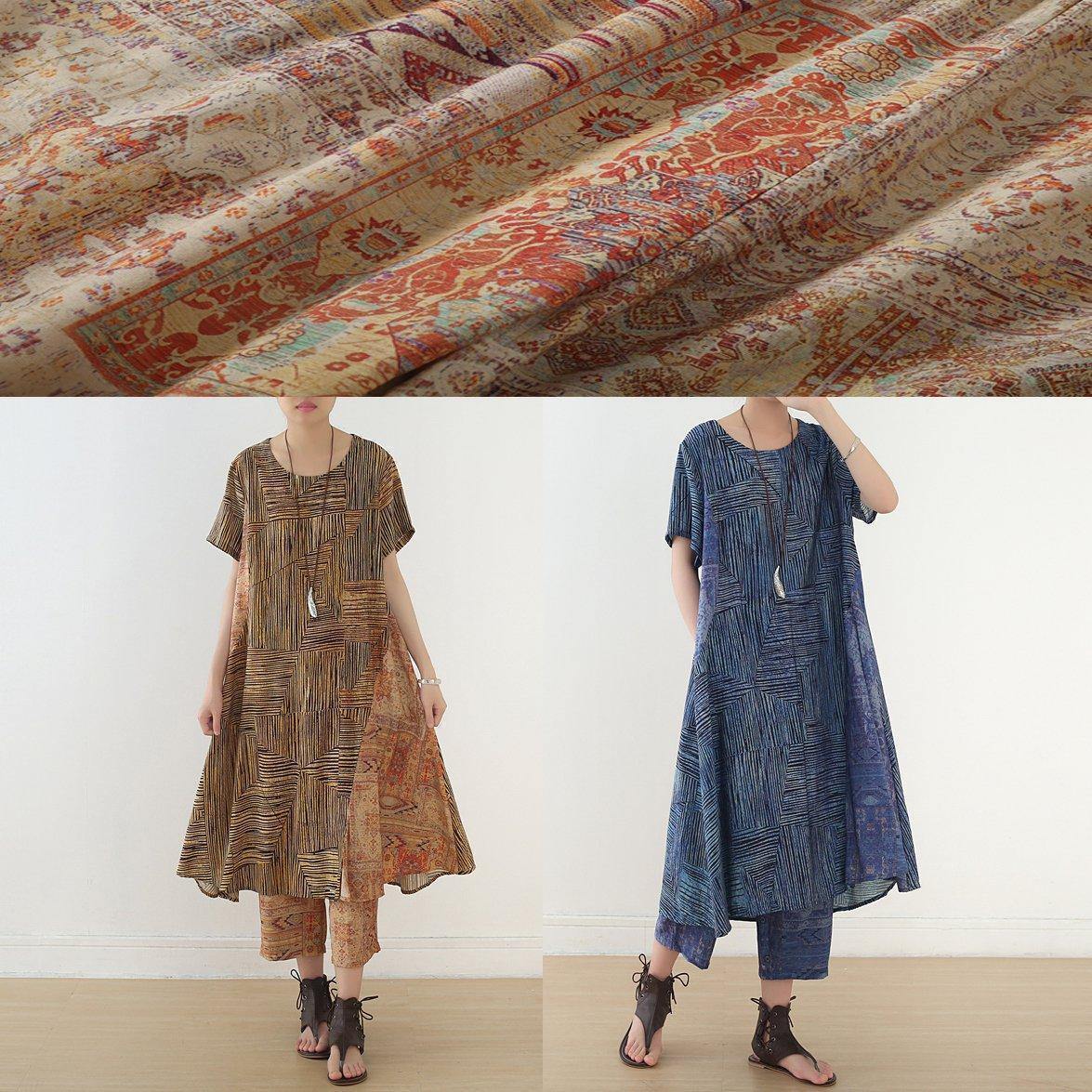 French two pieces linen clothes Shape blue asymmetric striped straight pants summer - SooLinen