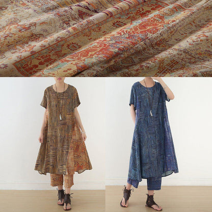 French two pieces linen clothes Shape blue asymmetric striped straight pants summer - SooLinen