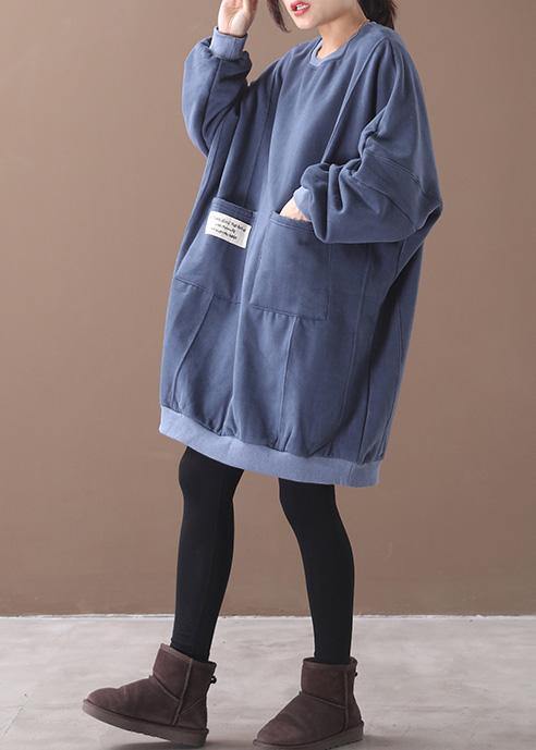 French two pockets Cotton o neck tunics for women Sewing blue Dress - SooLinen