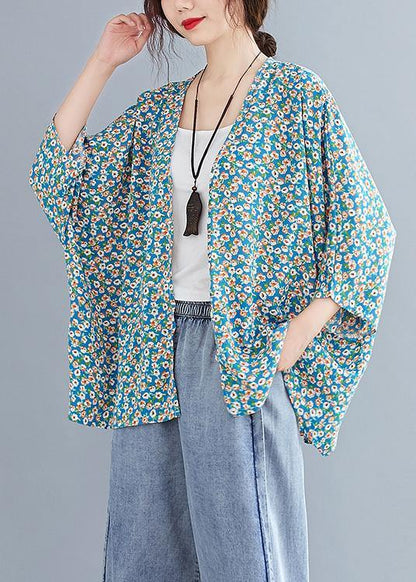 French v neck Batwing Sleeve Blouse Shirts blue floral blouse - SooLinen