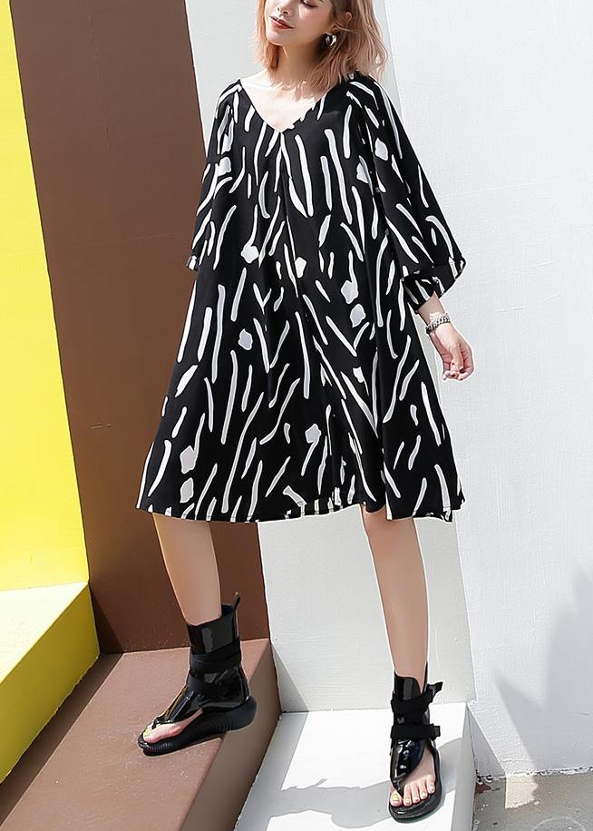 French v neck Cotton Tunics pattern black striped Dresses summer - SooLinen