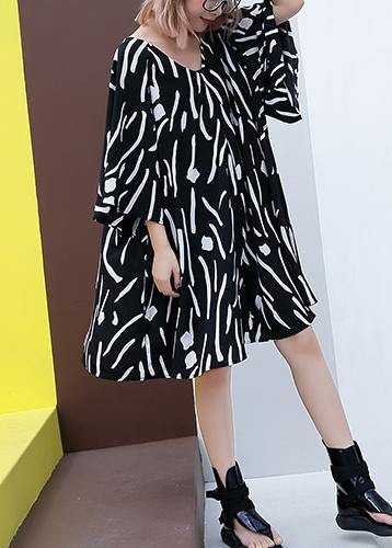 French v neck Cotton Tunics pattern black striped Dresses summer - SooLinen