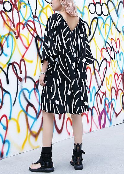 French v neck Cotton Tunics pattern black striped Dresses summer - SooLinen