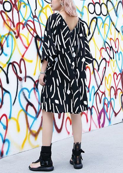 French v neck Cotton Tunics pattern black striped Dresses summer - SooLinen