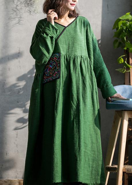 2021 French Green v neck embroidery cotton linen Dress summer - SooLinen